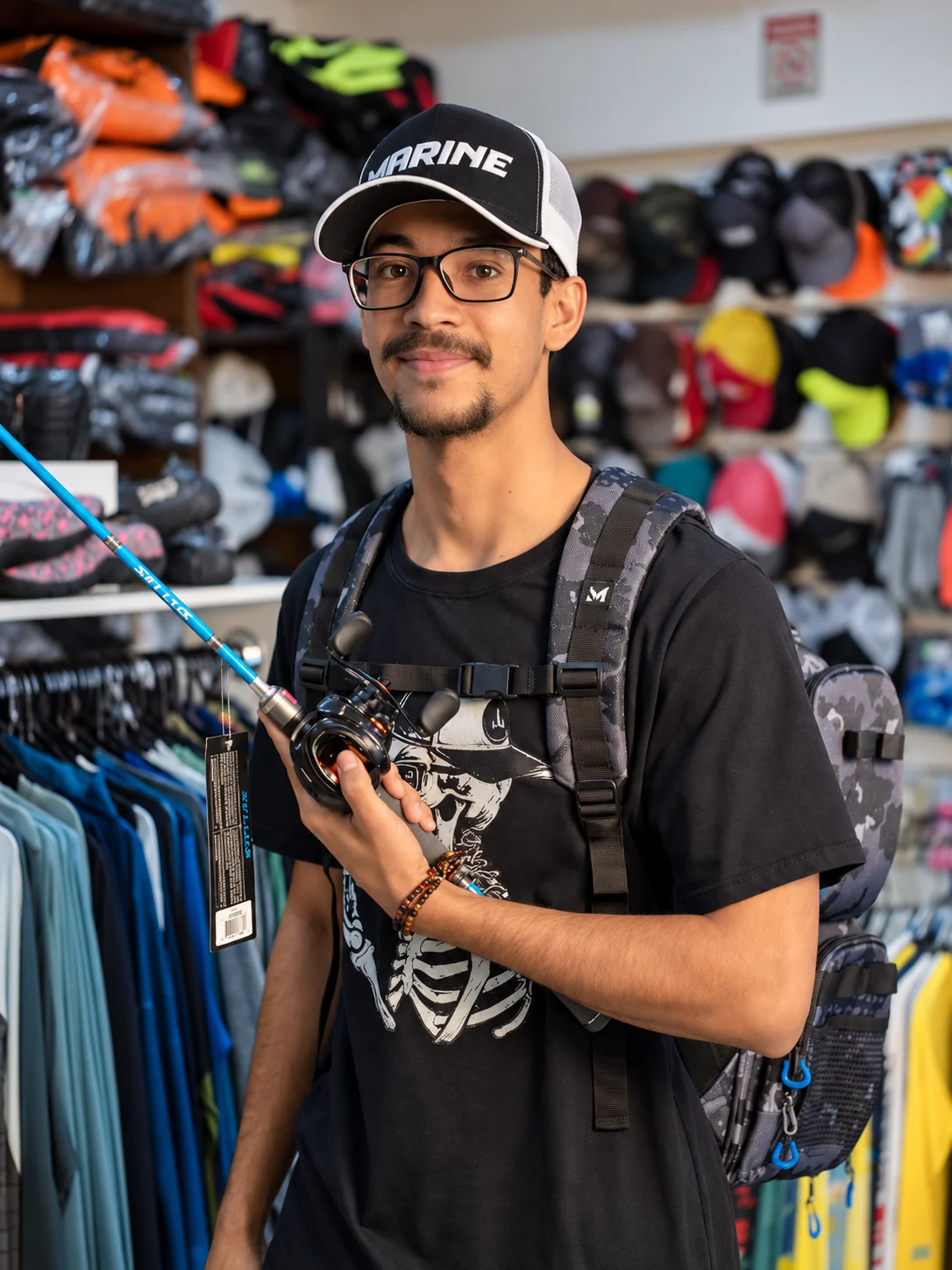 Pessoa com equipamentos e acessórios de pesca